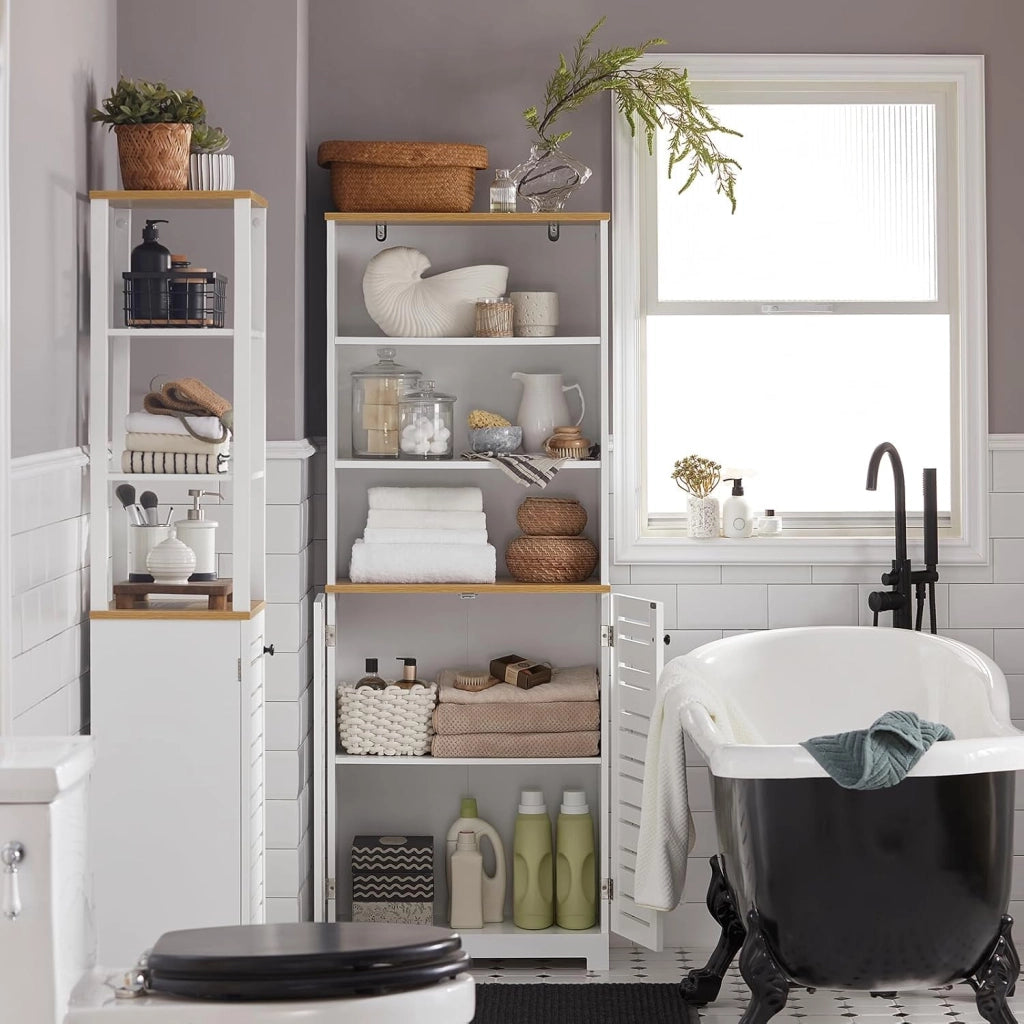 Mobile Alto Bagno – Armadio Bagno Salvaspazio con Ripiani Regolabili – Grande Capacità in Legno Resistente all’Umidità, per Cucina, Soggiorno, Bianco, 60x160x30 cm, BZR44-W