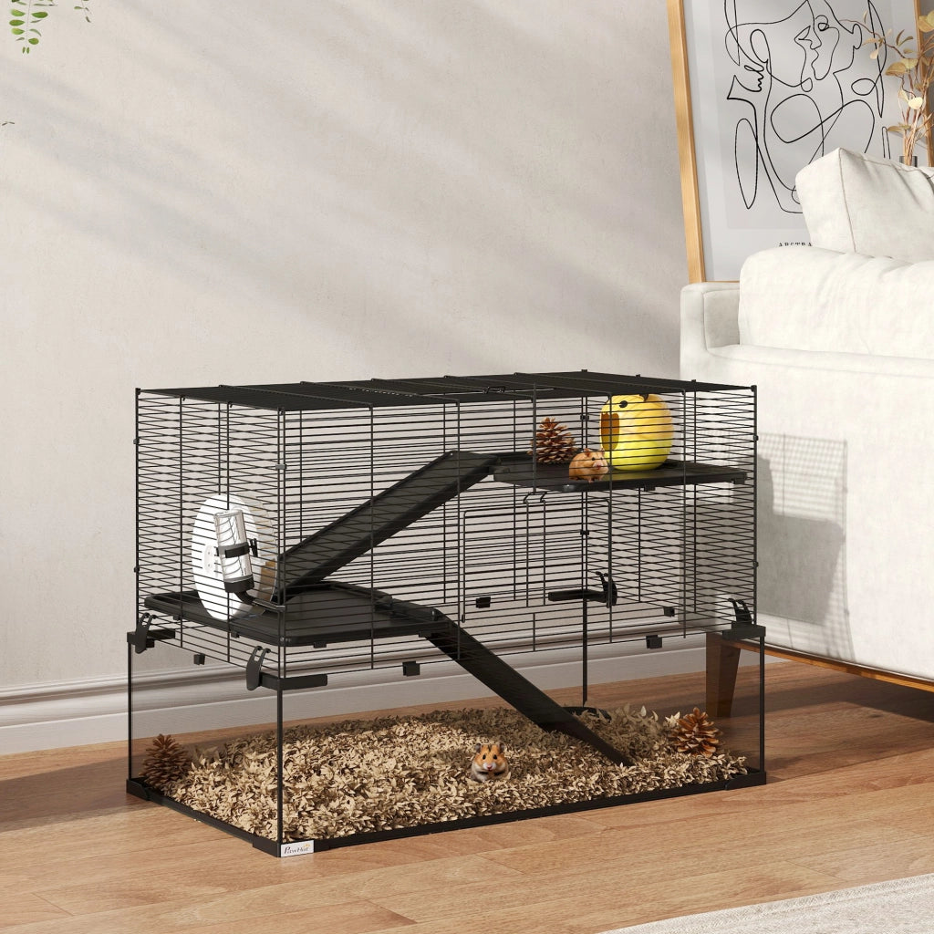 Gabbia per Criceti a 3 Livelli 76.5x48.5x54.5 cm con Base in Vetro Temperato Ruota e Accessori Nero