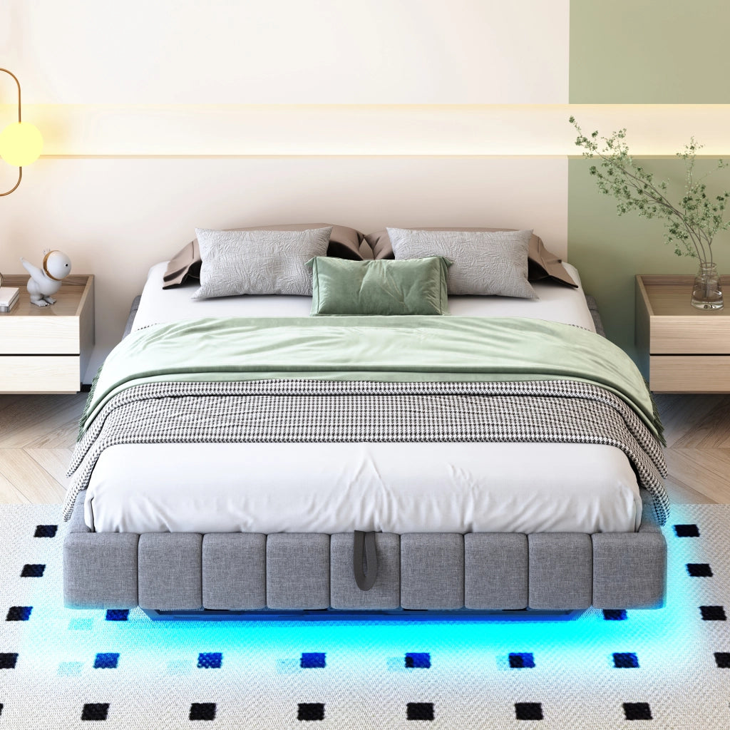 Letti contenitori 160x200 cm; sospeso con LED e contenitore; lino; grigio