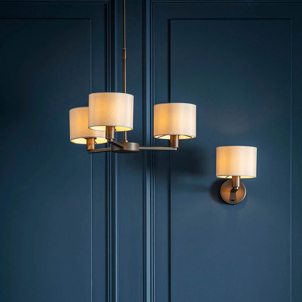 Lampadario Daley Endon 3 luci bronzo antico E14 paralumi lino
