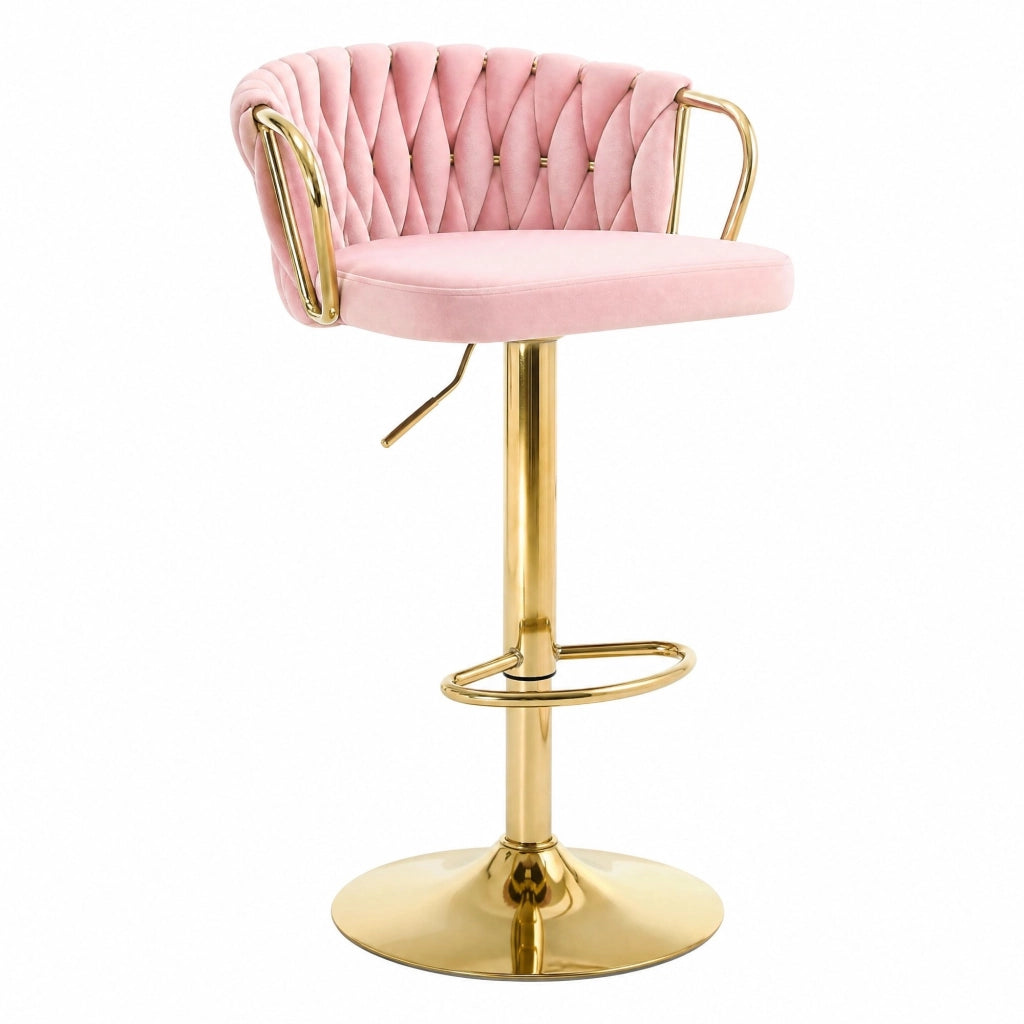 Sgabello bar girevole in velluto rosa con schienale, braccioli e altezza regolabile 77-98 cm