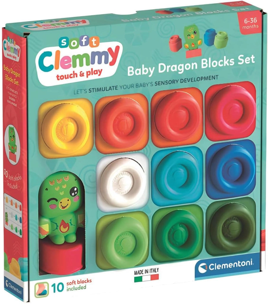 Soft Clemmy - Baby Dragon Blocks Set, 10 Mattoncini Morbidi per Bambini 6+ Mesi, Personaggio Fantasy, Lavabili e Atossic