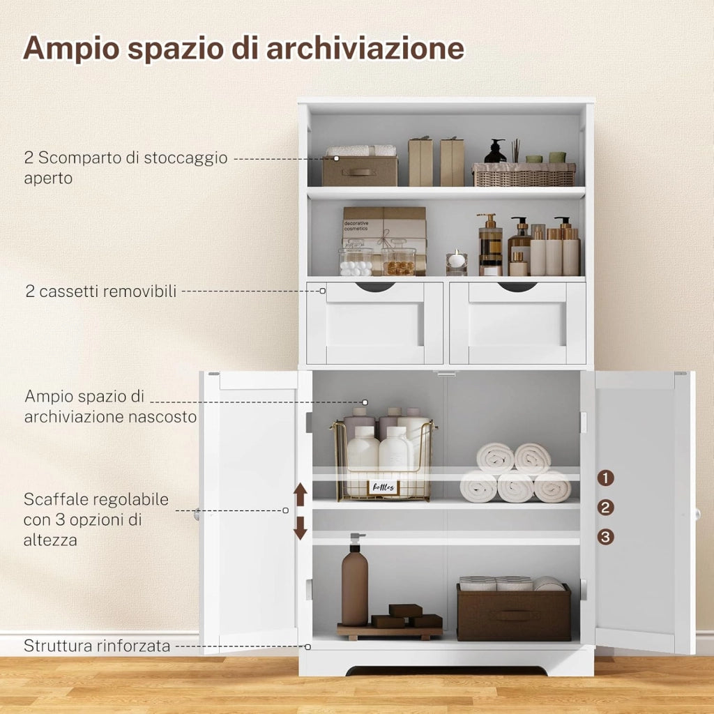 125cm Mobile Bagno, Mobiletto Salvaspazio con 2 Cassetti & Mensola Regolabile, Cassettiera per Bagno, Soggiorno, Ingresso, 60x30x125 cm, Bianco