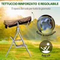 Dondolo da Giardino a 3 Posti in Metallo, Tetto Parasole Rimovibile e Lavabile, Marrone e Argento, 171x108x154cm