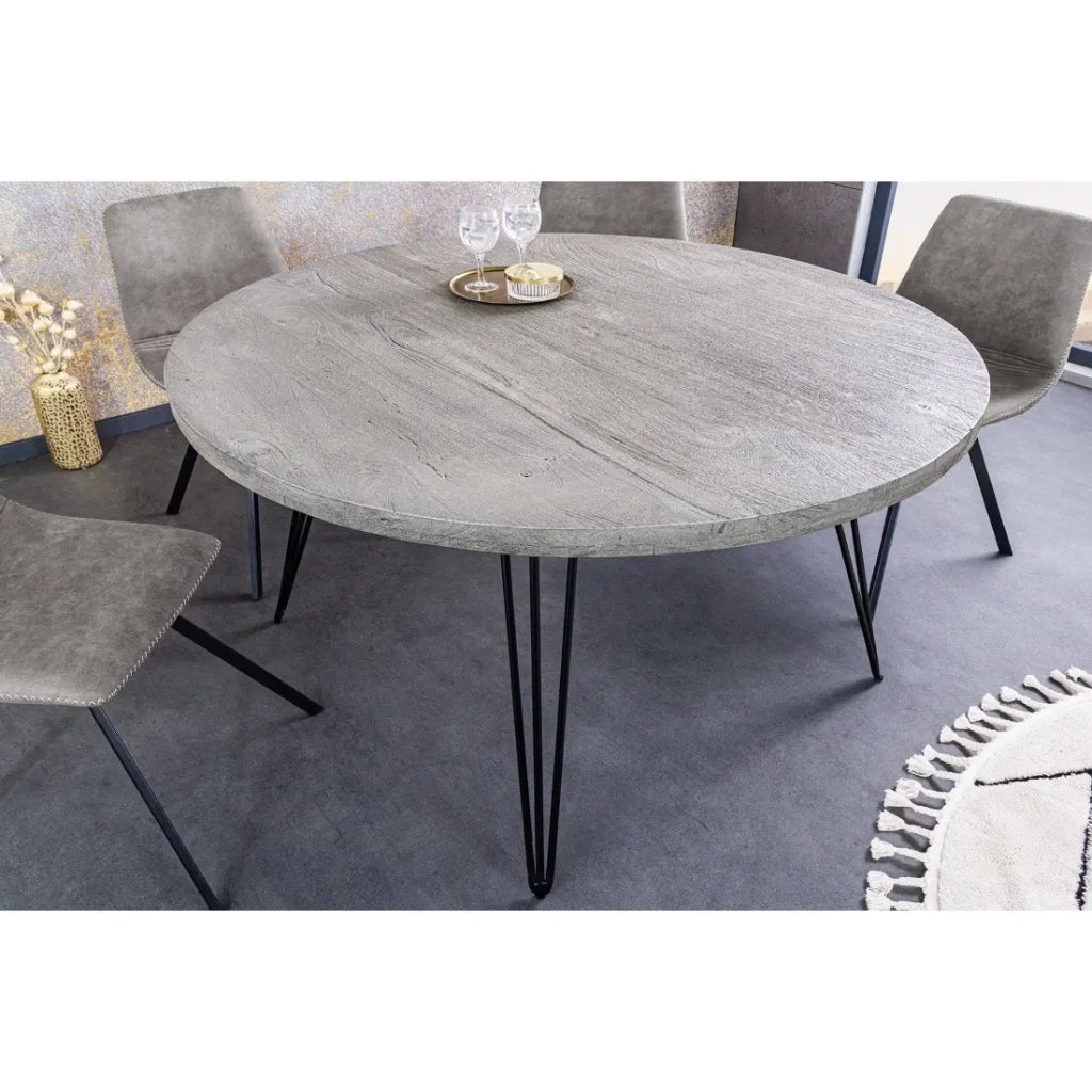 Table SILVA – Legno di mango grigio e metallo nero – 80 cm – Forma rotonda – Stile contemporaneo