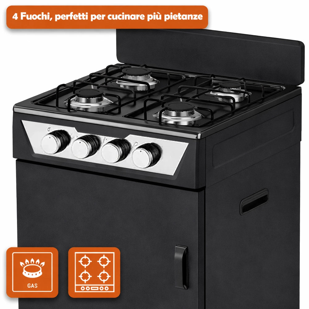Cucina a Gas 4 Guochi da Esterni con Portabombola e Paravento Compatta Nero
