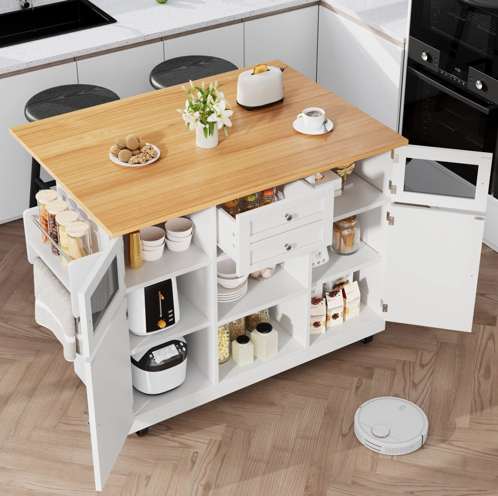 Carrello da cucina 140x70x93.5 cm con piano pieghevole in MDF bianco