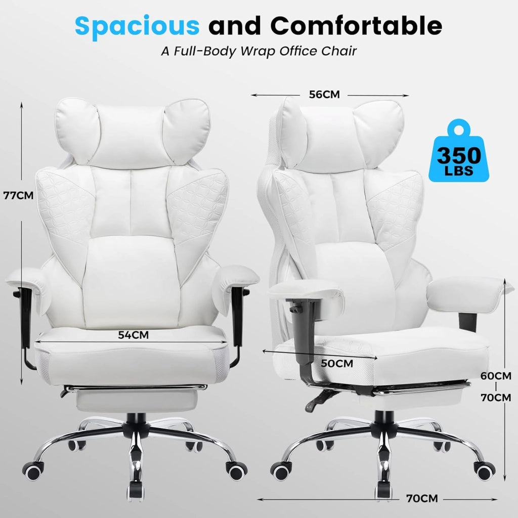 Sedia da gaming ergonomica da ufficio, sedia da scrivania con braccioli regolabili, supporto lombare a molle insacchettate per persone grandi e alte, 150 kg, ampia seduta bianca
