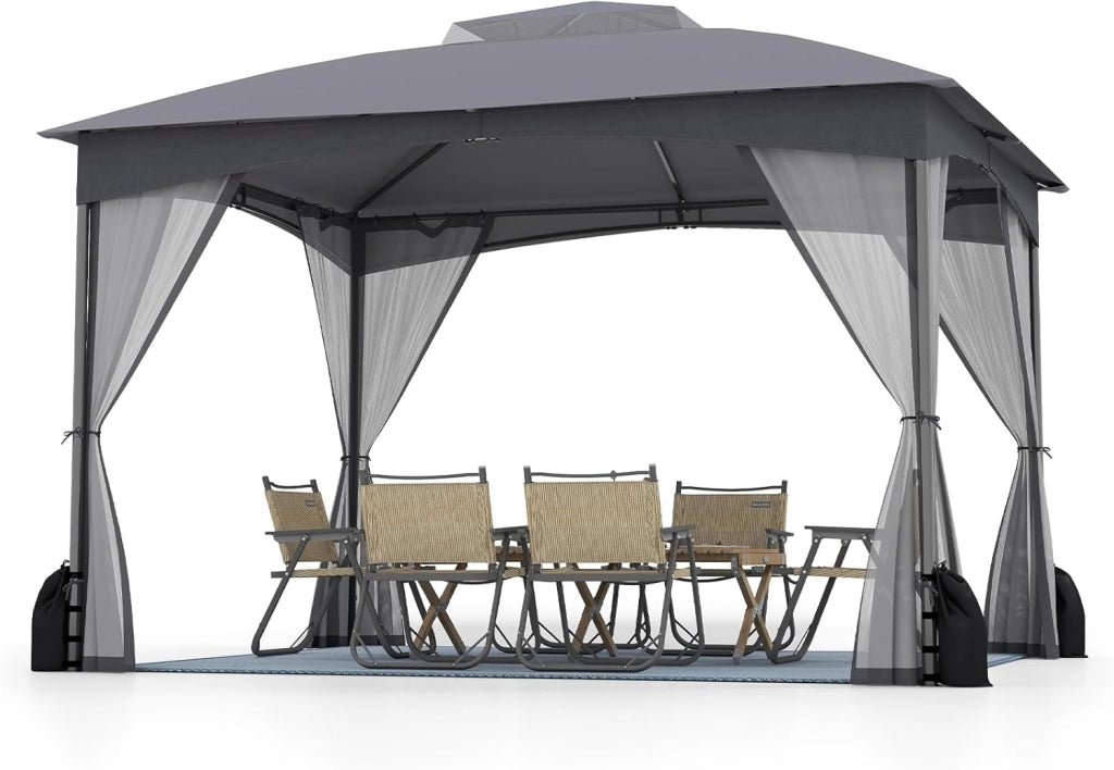Gazebo da Giardino 3 x 3,6 m, Gazebo con Zanzariera a Doppia Copertura con Sacchetti di Sabbia e Picchetti a Terra, Tenda Impermeabile con Struttura in Metallo per Prato (Kaki)