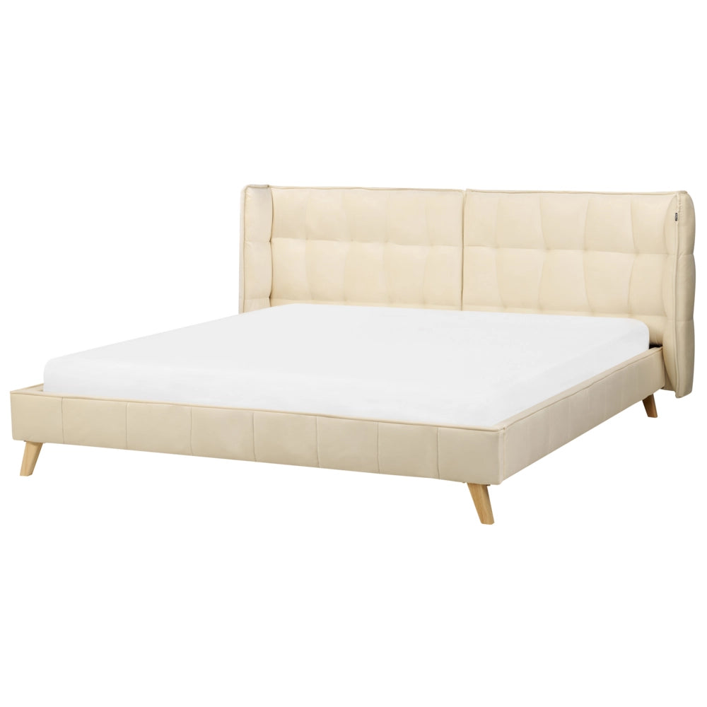 Letto Tappezzeria trapuntata in velluto beige Gambe in legno chiaro 180 x 200 cm a doghe con testiera regolabile Wingback