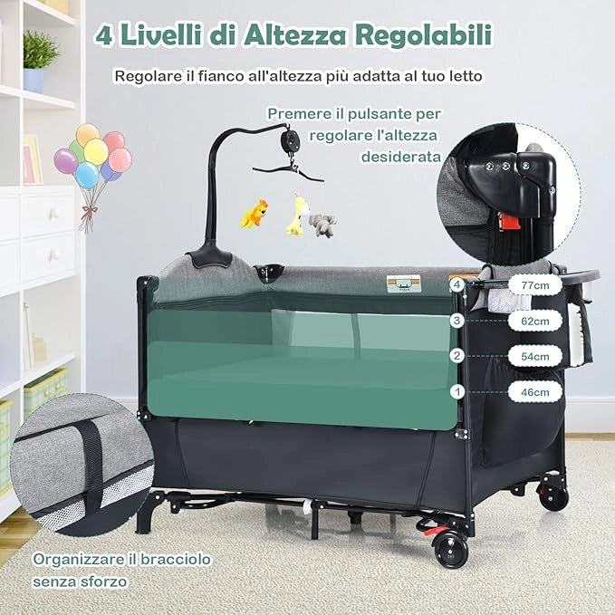 5 in 1 Lettino da Campeggio per Bambini, Lettino con Materasso per Neonato, Culla da Viaggio con Fasciatoio, Altezza Regolabile, Ruote con Freno, per Bambini 0-36 Mesi (Nero)