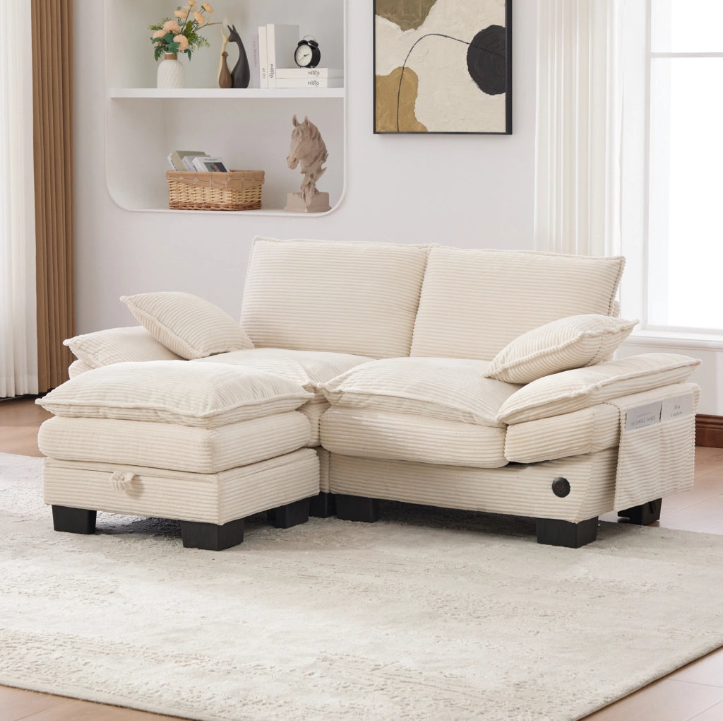 Divano 2 posti 190x132x84 cm beige in velluto a coste, con pouf contenitore