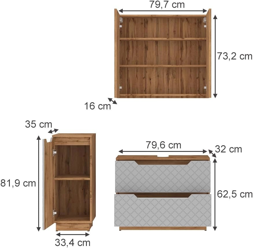 Set di mobili da bagno Lotta, Rovere/grigio con struttura in piastrelle, 3 parti