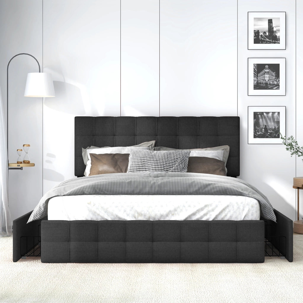 Letto matrimoniale contenitore 140x200 cm in lino nero con 4 cassetti e testiera regolabile