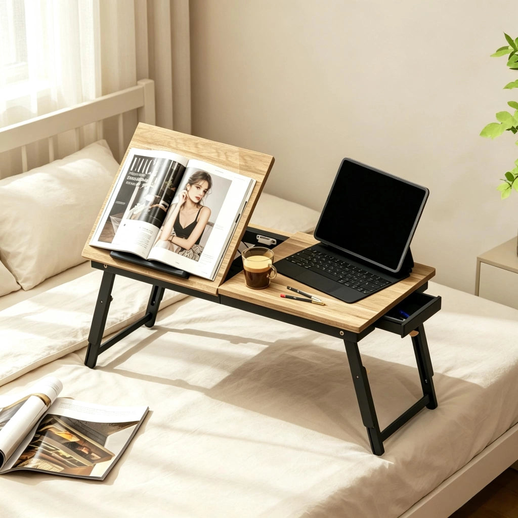 Scrivania pieghevole multifunzionale con piano inclinabile e cassetto - per letto e divano