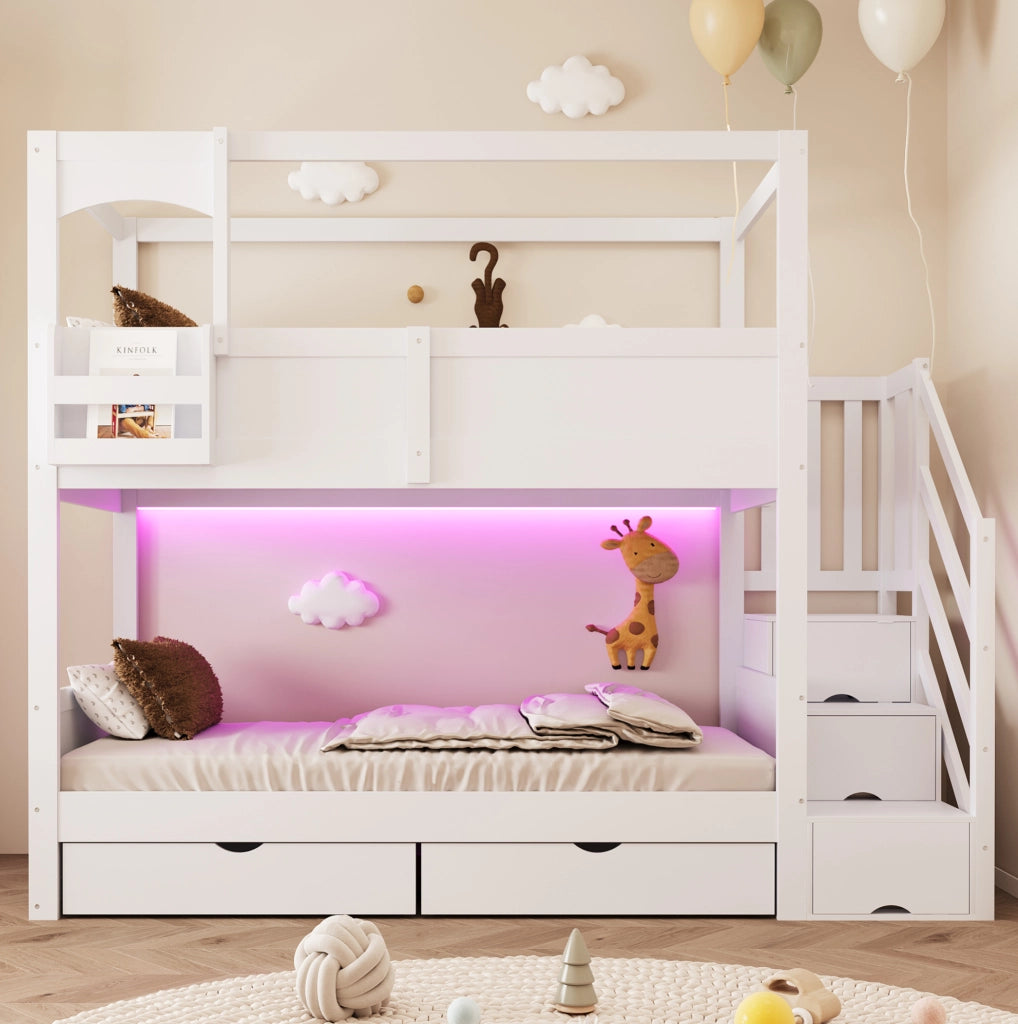 Letto a castello per bambini 90x200 cm in legno; design casetta; bianco; con 2 cassetti e scala contenitore