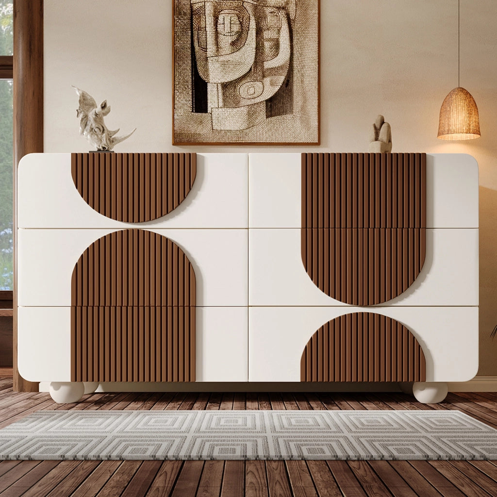 Cassettiera con 6 Cassetti Design Elegante ¨C MINIMAL ¨C Bianco con Inserti in Legno Marrone 121x71x41 cm