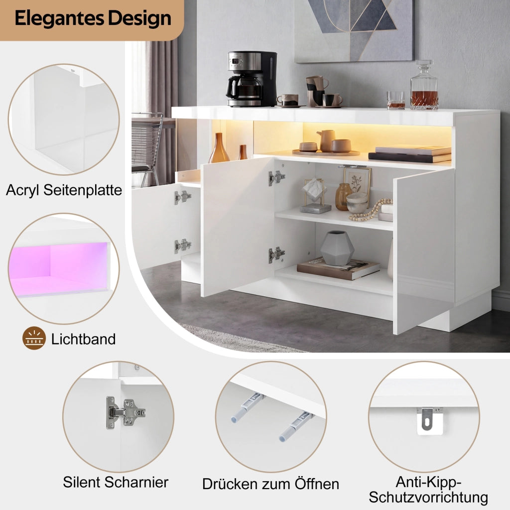 Credenza moderna con ante lucide, vano display in acrilico e LED controllati da app, bianca 140 × 36 × 80 cm