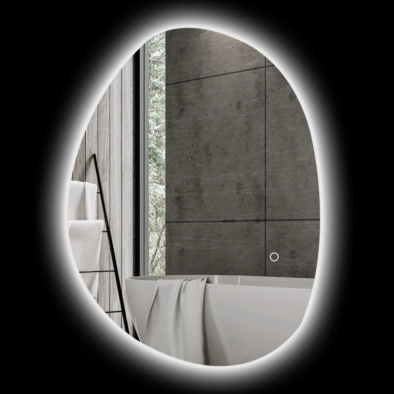 Specchio da bagno asimmetrico 70 x 50 cm con luce LED, funzione antiappannamento e touch, argento