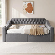 Divano letto imbottito 90x190 cm in velluto grigio con contenitore; USB e USB-C