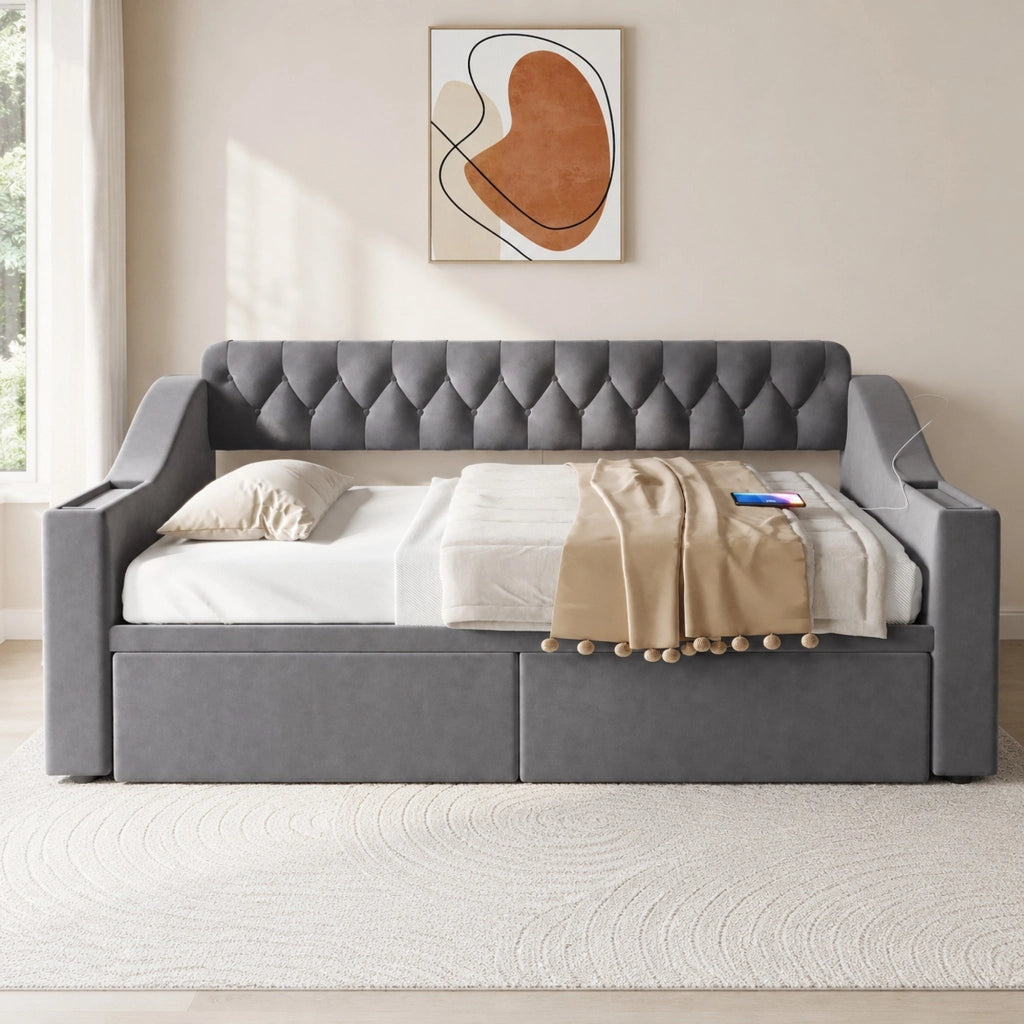 Divano letto imbottito 90x190 cm in velluto grigio con contenitore; USB e USB-C