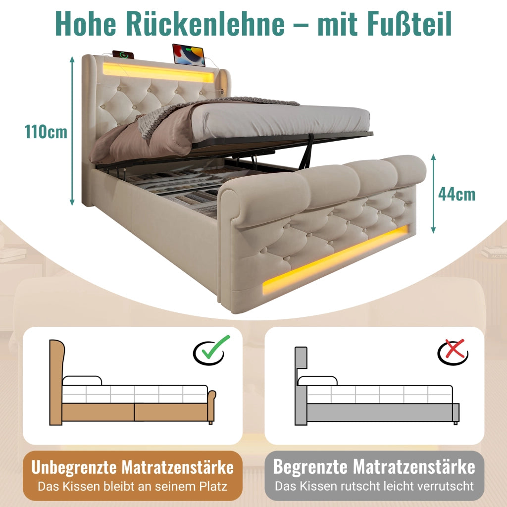 LETTO Imbottito con LED e USB/Type-C 90x200 cm Velluto Beige
