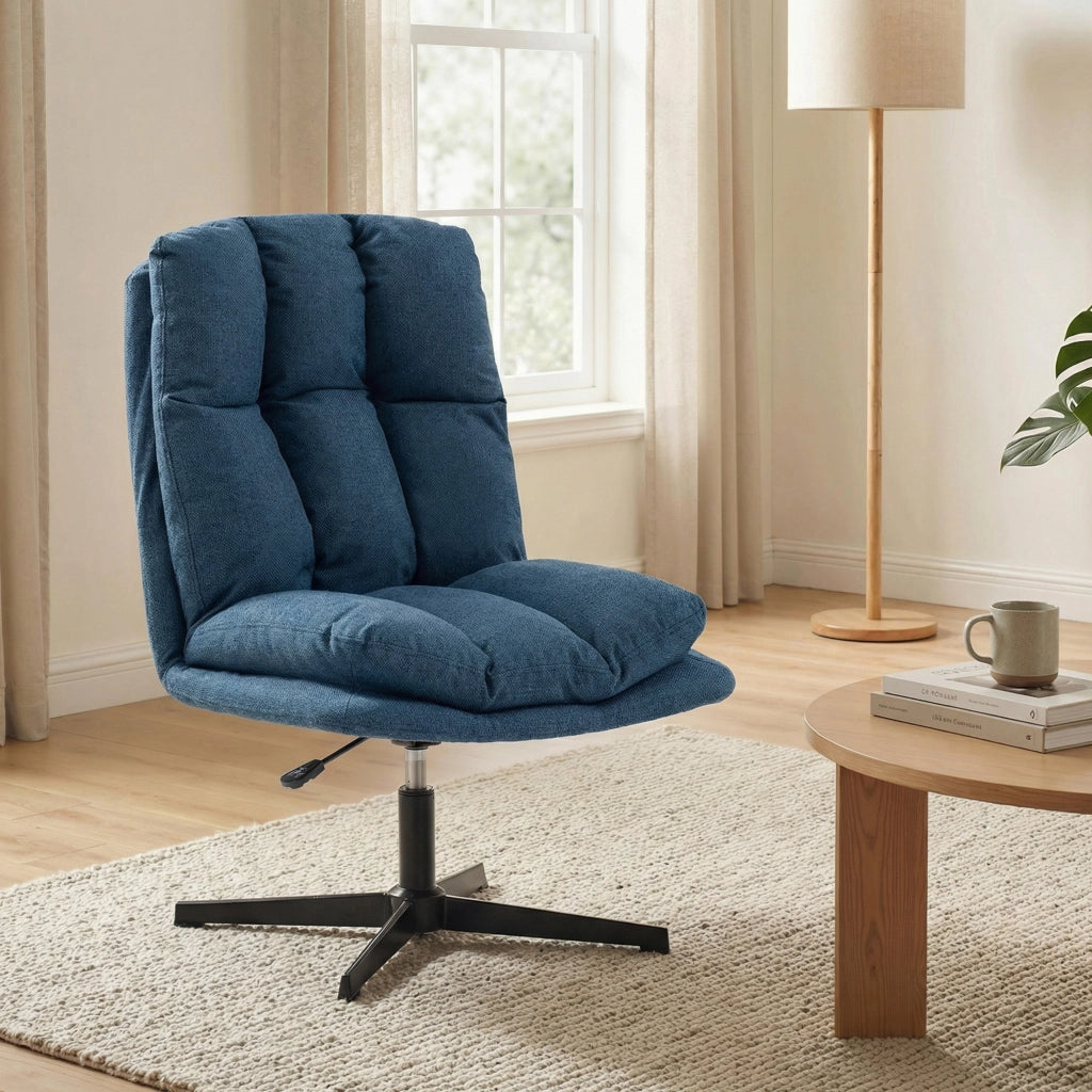 Poltrona Girevole 360¡ã ¨C Xylo ¨C Tessuto Lino Blu Scuro Base Metallo Altezza Regolabile