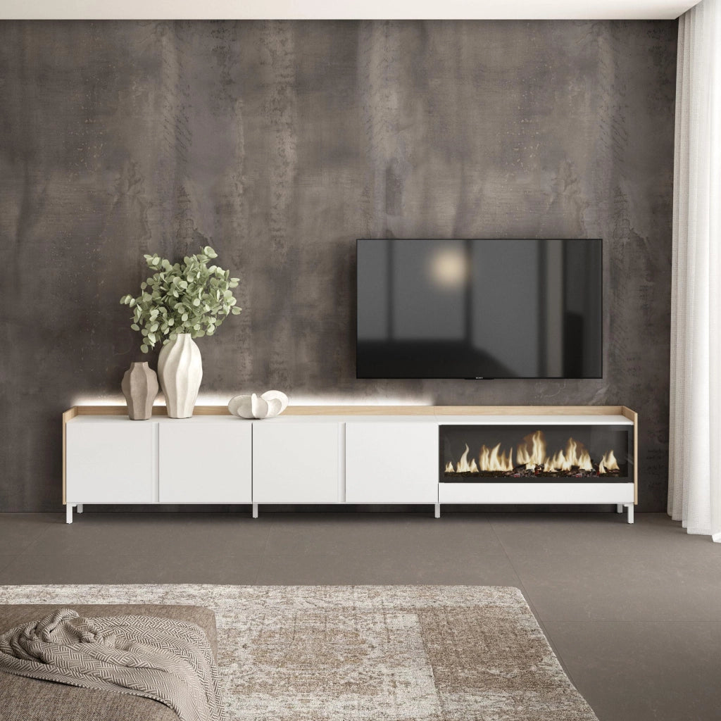 Mobile TV Soggiorno, 315x61x35 cm, Per TV fino a 80", Camino elettrico XXL, Design industriale, LED, Bianco e Rovere soft
