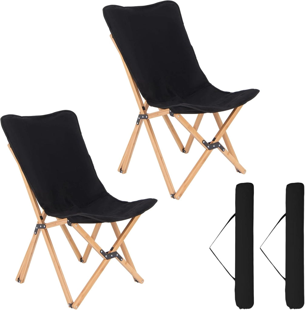 Set di 2 Sedie da Campeggio a Farfalla Pieghevole, con Borsa per il Trasporto, Sedia da Giardino in Bambù con Tasca Portaoggetti, Capacità di 150 KG, per Campeggio Pesca Picnic (Beige)