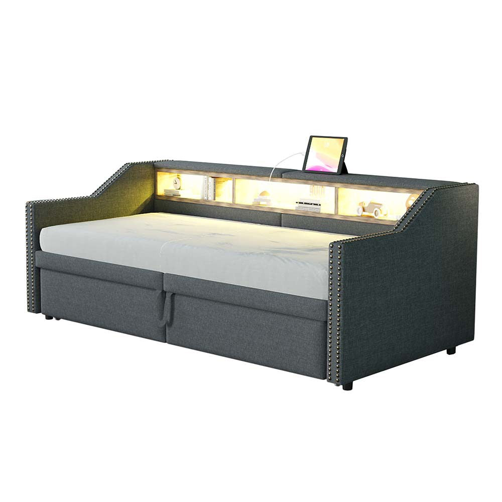 Divano letto - Xylo - 90x200 cm LED USB contenitore grigio scuro