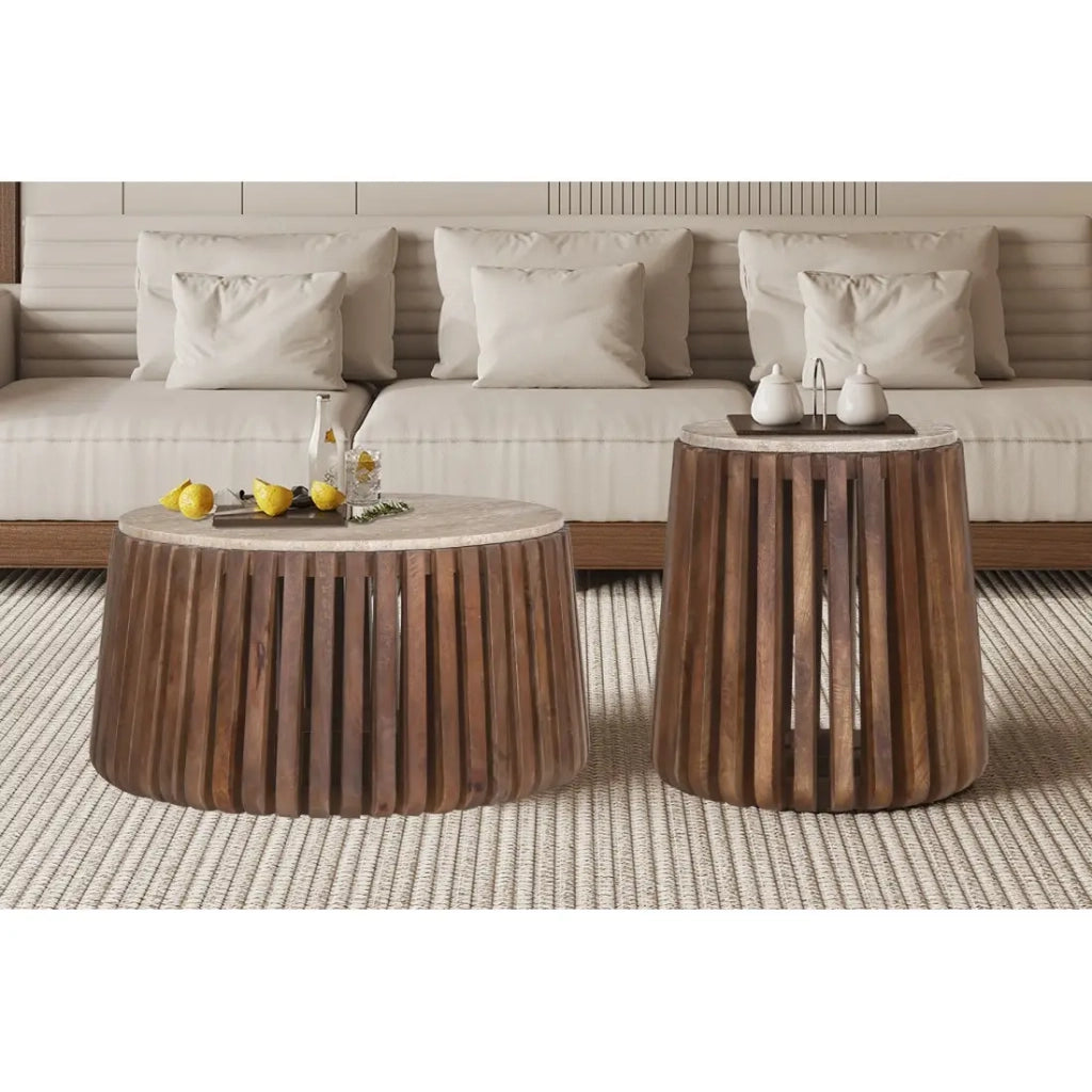 Tavolino basso rotondo in legno massiccio collezione DELHI diametro 70cm - Stile etnico e design