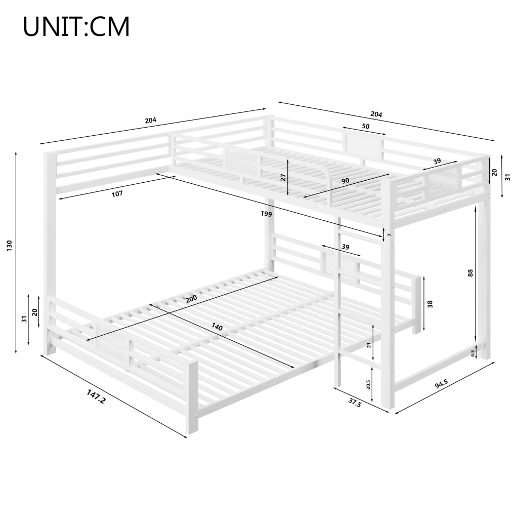 Letto a castello angolare in metallo bianco 90x200 / 140x200