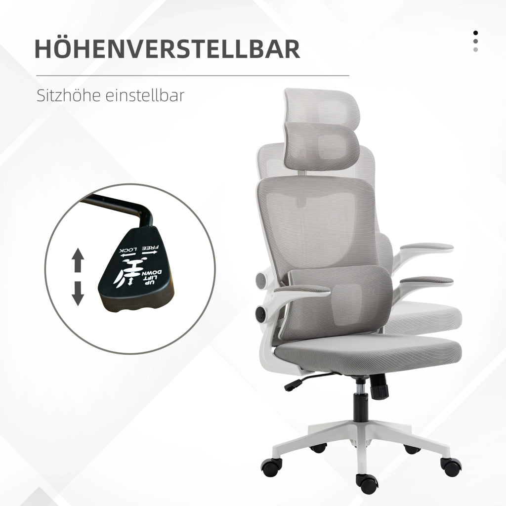 Sedia da ufficio ergonomica con braccioli, poggiatesta, funzione oscillante e supporto lombare in mesh grigio