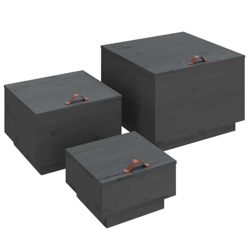 Contenitori Portaoggetti Coperchi 3pz Grigi Legno Massello Pino 818247