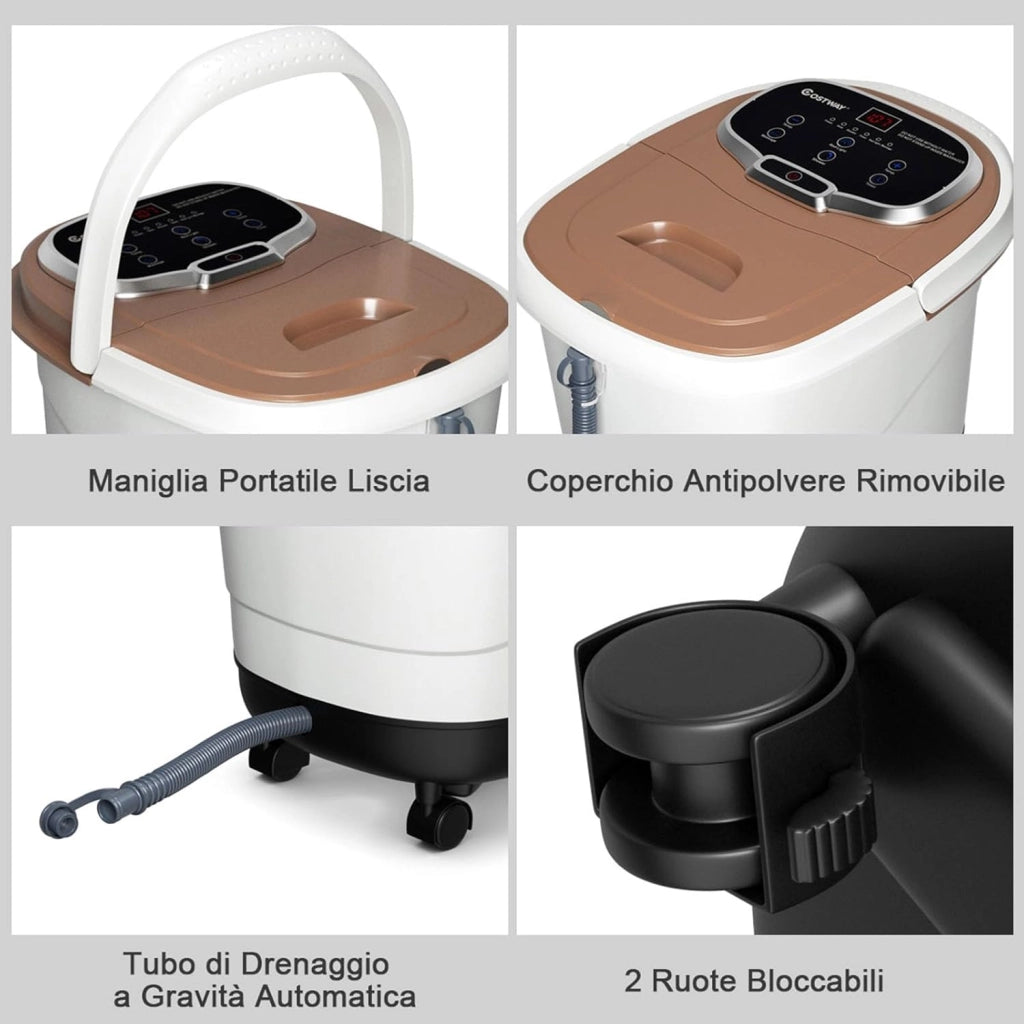 Idromassaggio per Piedi, Pediluvio Massaggiatore Plantare Massaggio Shiatsu, con Funzione Calore Timer e Rulli Luce a Infrarossi, Idromassaggiatore 15L (Marrone)