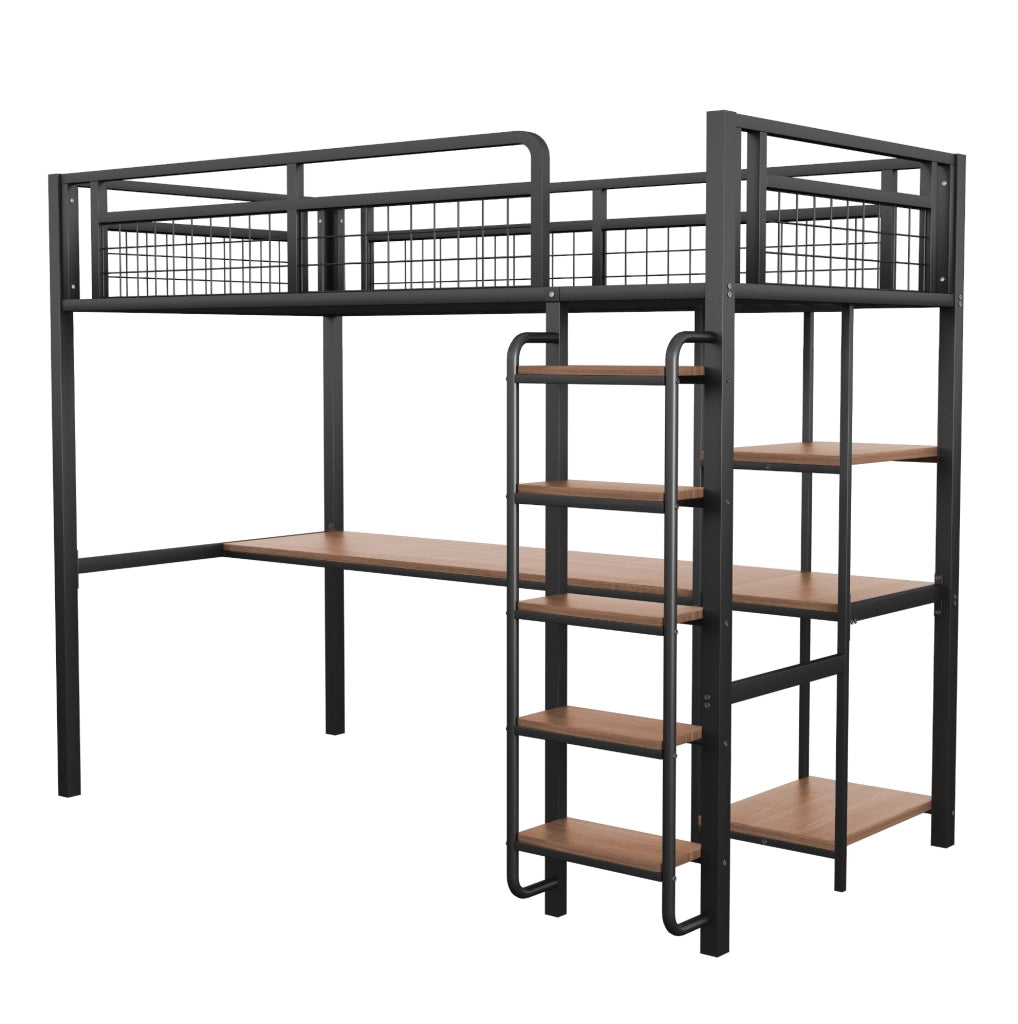 Letto a soppalco in metallo 90x200 cm nero con scrivania; ripiani e scala con gradini