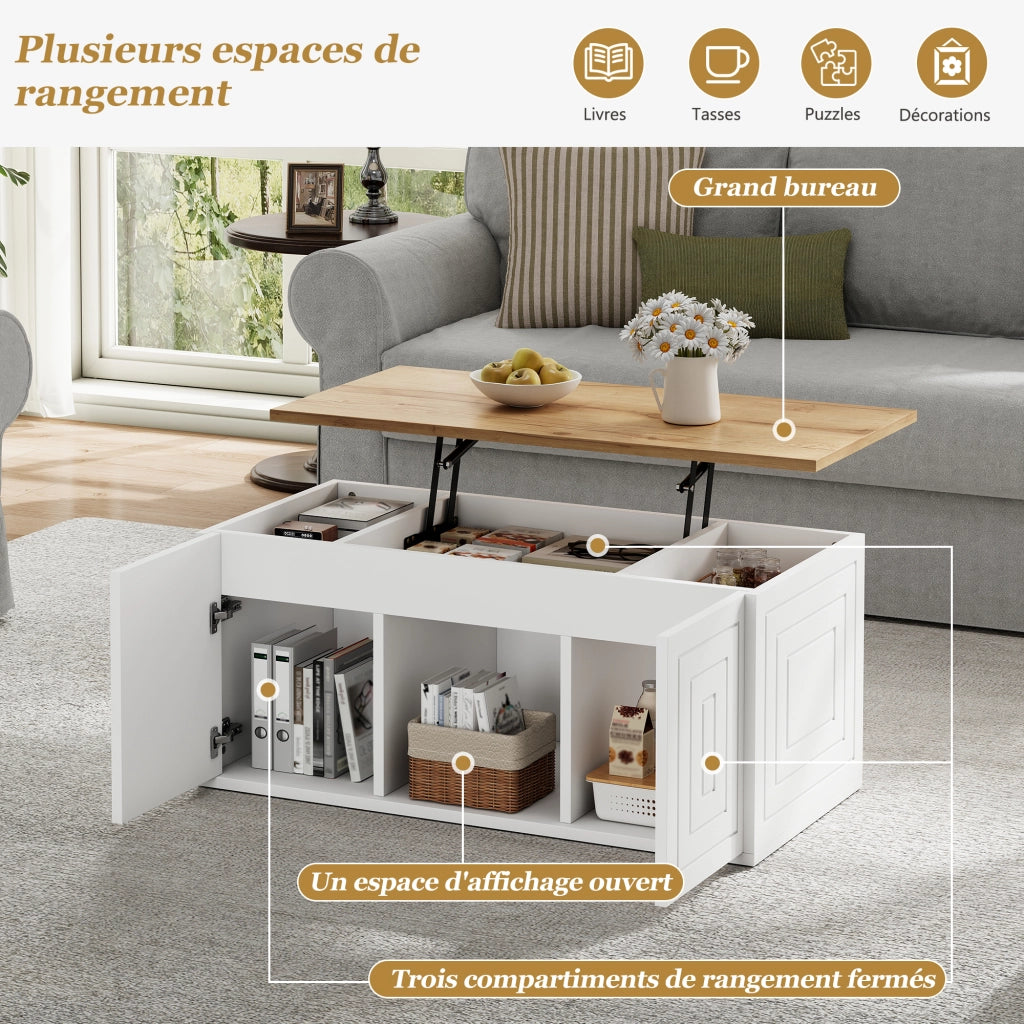 Tavolino basso sollevabile con 2 ante e 6 vani, per soggiorno, in pannello truciolare, bianco e naturale 46 × 95 × 45 cm