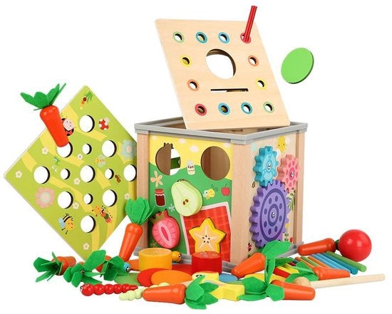 Box di attività 9 in 1 – Cubi in legno con orologio didattico, creta per modellare e altri materiali.