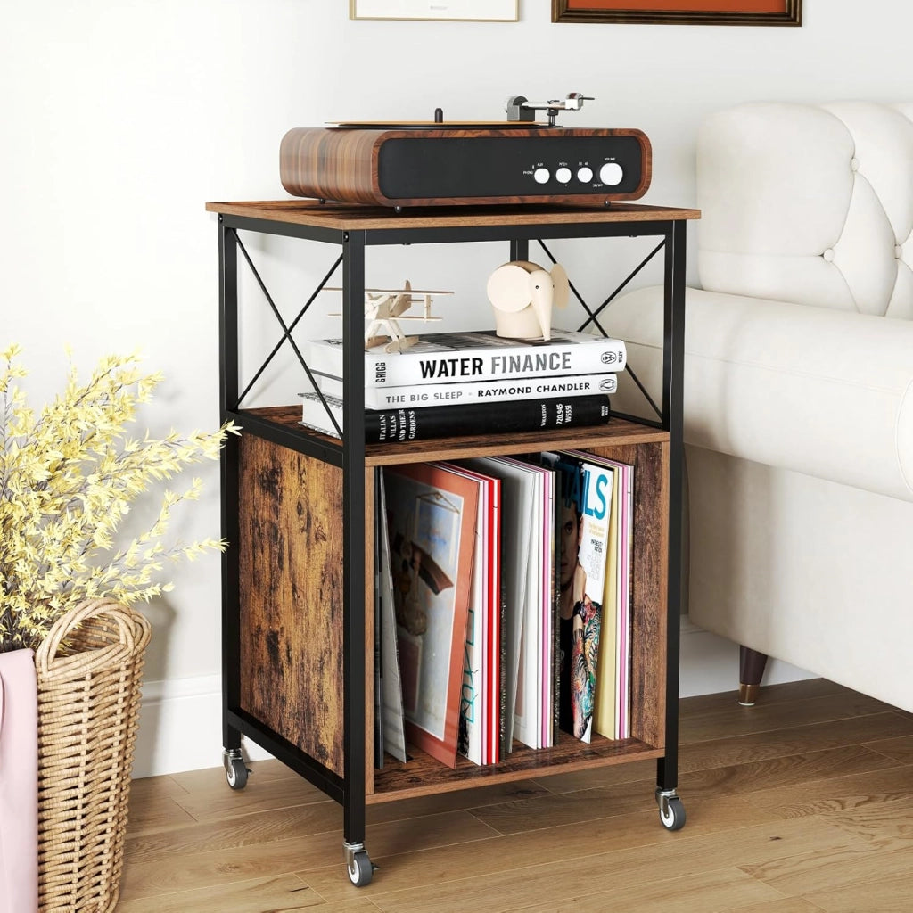 Supporto per giradischi, con stazione di ricarica, ripiano a 3 livelli con spazio di archiviazione, vassoio per giradischi, ripiano con ruote, ripiano per giradischi in vinile