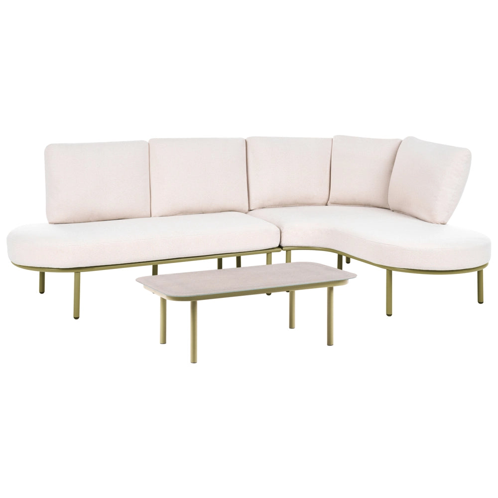 Divano da esterno con tavolino da 4 posti struttura in alluminio,piano ovale in metallo cuscini verde e beige chiaro