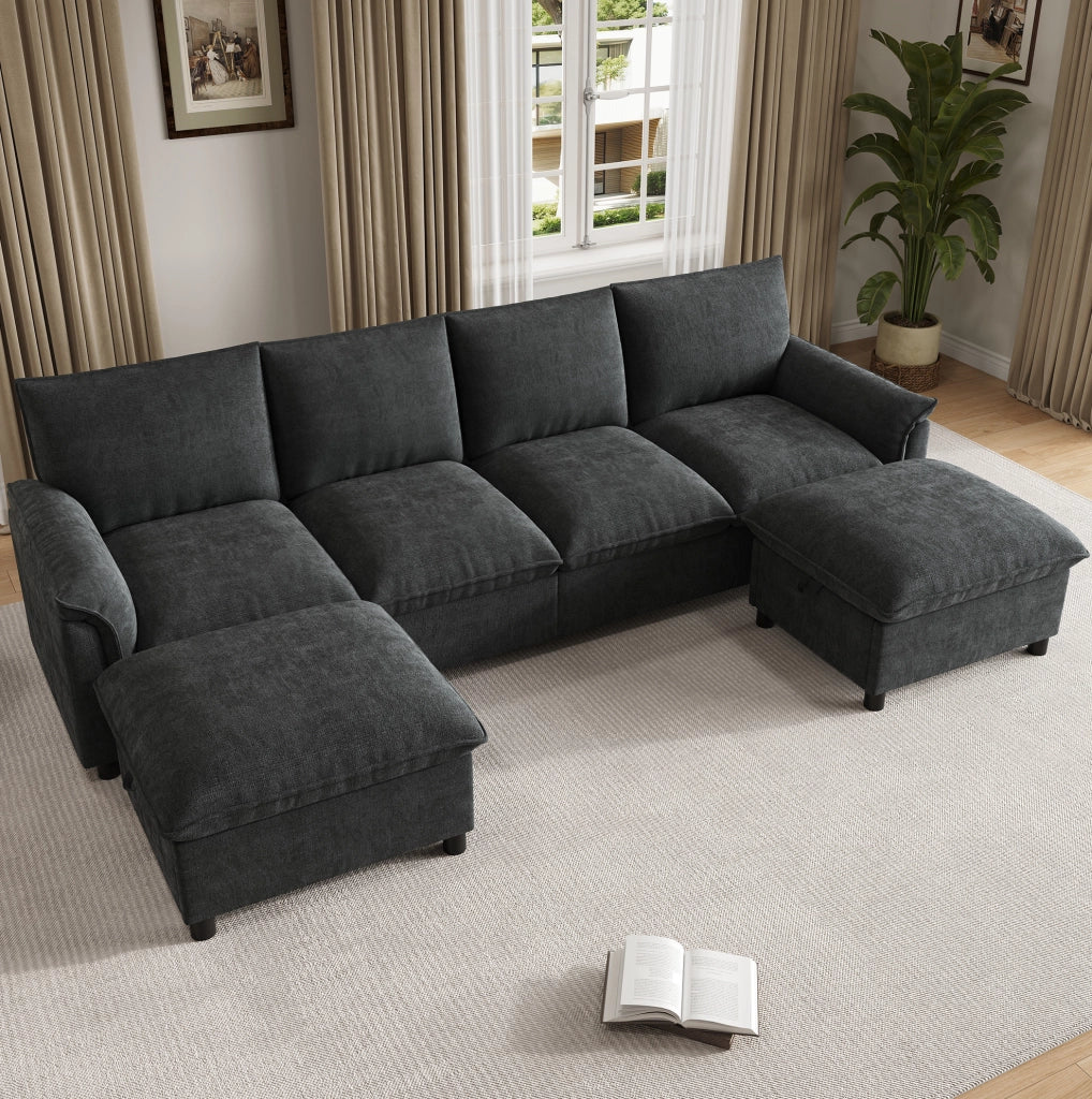 Divano in ciniglia nero con 2 pouf mobili, 264,5×142,5×84 cm