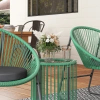 Set Mobili da Esterno 3 Pezzi, 1 Tavolo, 2 Sedie, Piano in Vetro, Rattan Sintetico Avvolto Intorno a Telai in Acciaio, Cuscini Soffici, Verde