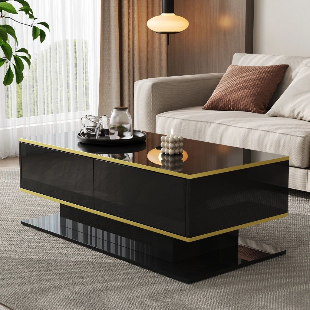Tavolino da Salotto Moderno 100 cm con Luci LED e 3 Cassetti; Finitura Lucida; Nero e Oro