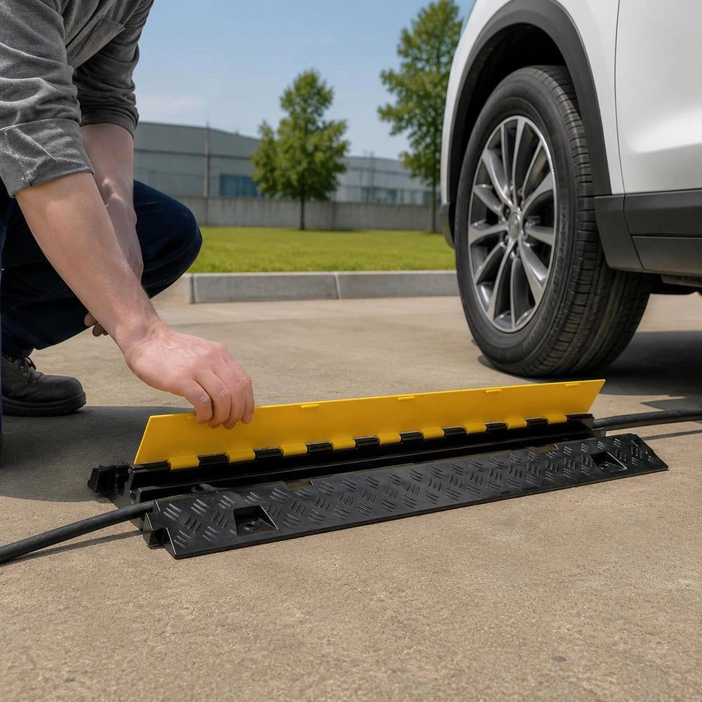 Heavy Duty Dual Channel Rubber Cable Protector, Outdoor Cord Management Ramp For Driveway And Garden, 91.8x25x4.3 Cm, Black