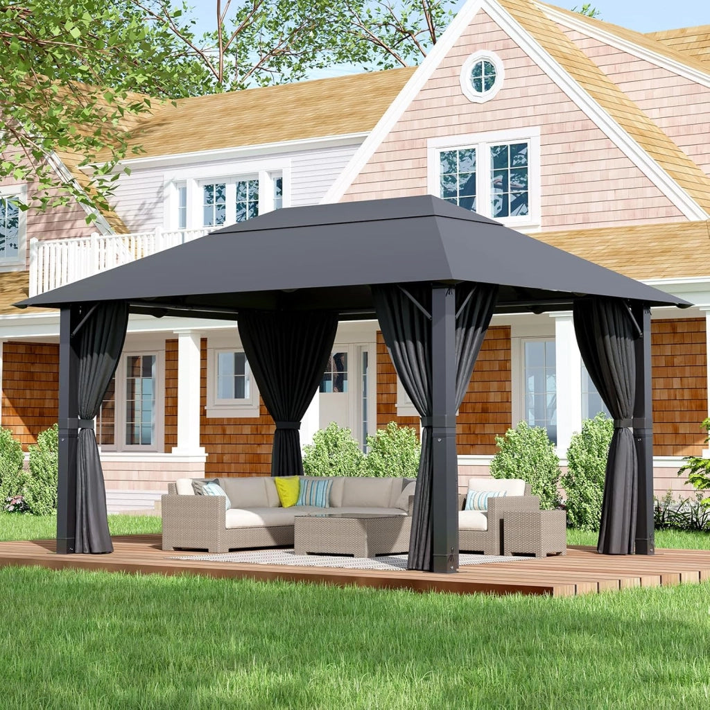 Gazebo 3x4 Impermeabile, Gazebos Giardino Invernale Resistente ai Raggi UV, Gazebos per Feste Stabile Gazebo Esterno Resistente con Struttura in Metallo, Beige
