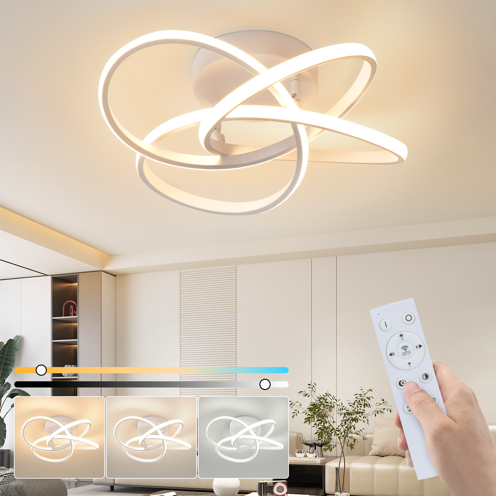 ZMH Lampada da soffitto plafoniera LED moderna 46W dimmerabile telecomando design fiore 4 petali bianco 45cm