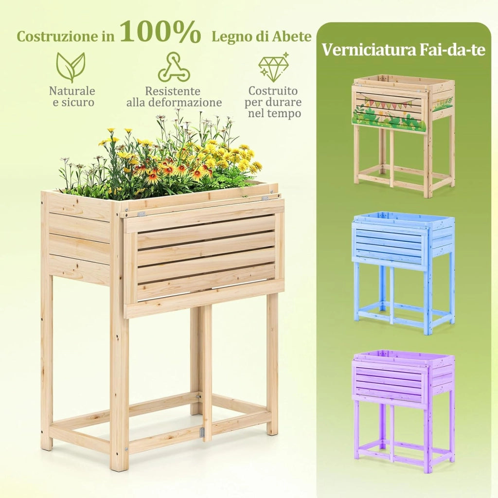 Letto da Giardino Rialzato, Orto Rialzato in Legno con Gampe, Tavolino Laterale Pieghevole e Drenaggio, Fioriera da Esterno per Fiori, Verdure e Frutta, 63 x 67 x 74 cm