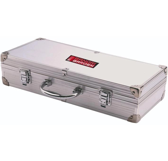 Sandrigarden 78935-15 Set Utensili per Barbecue 6 Pezzi Acciaio Inox Manici in Legno con Valigetta in Alluminio