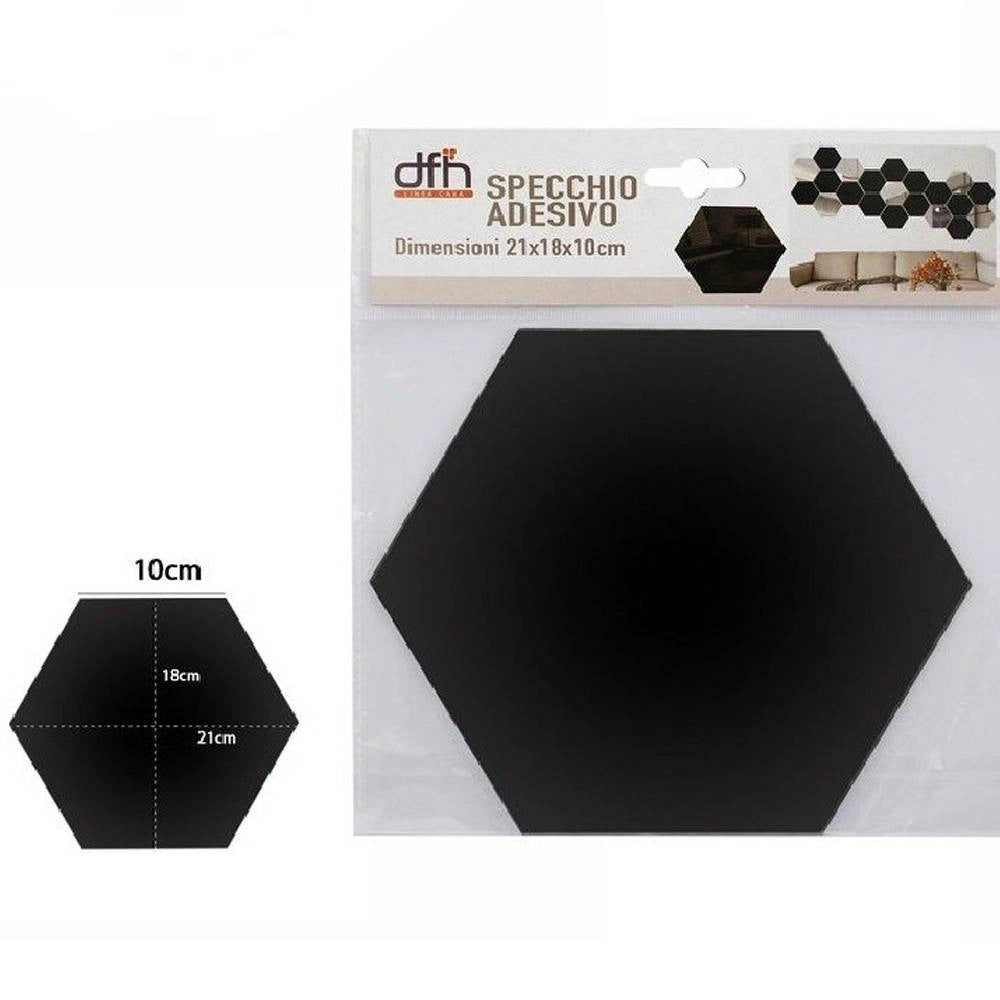 Trade Shop - 2pz Specchio Adesivo Esagonale Adesiva Murale Arredamento Casa 21x18cm 70877 Nero -