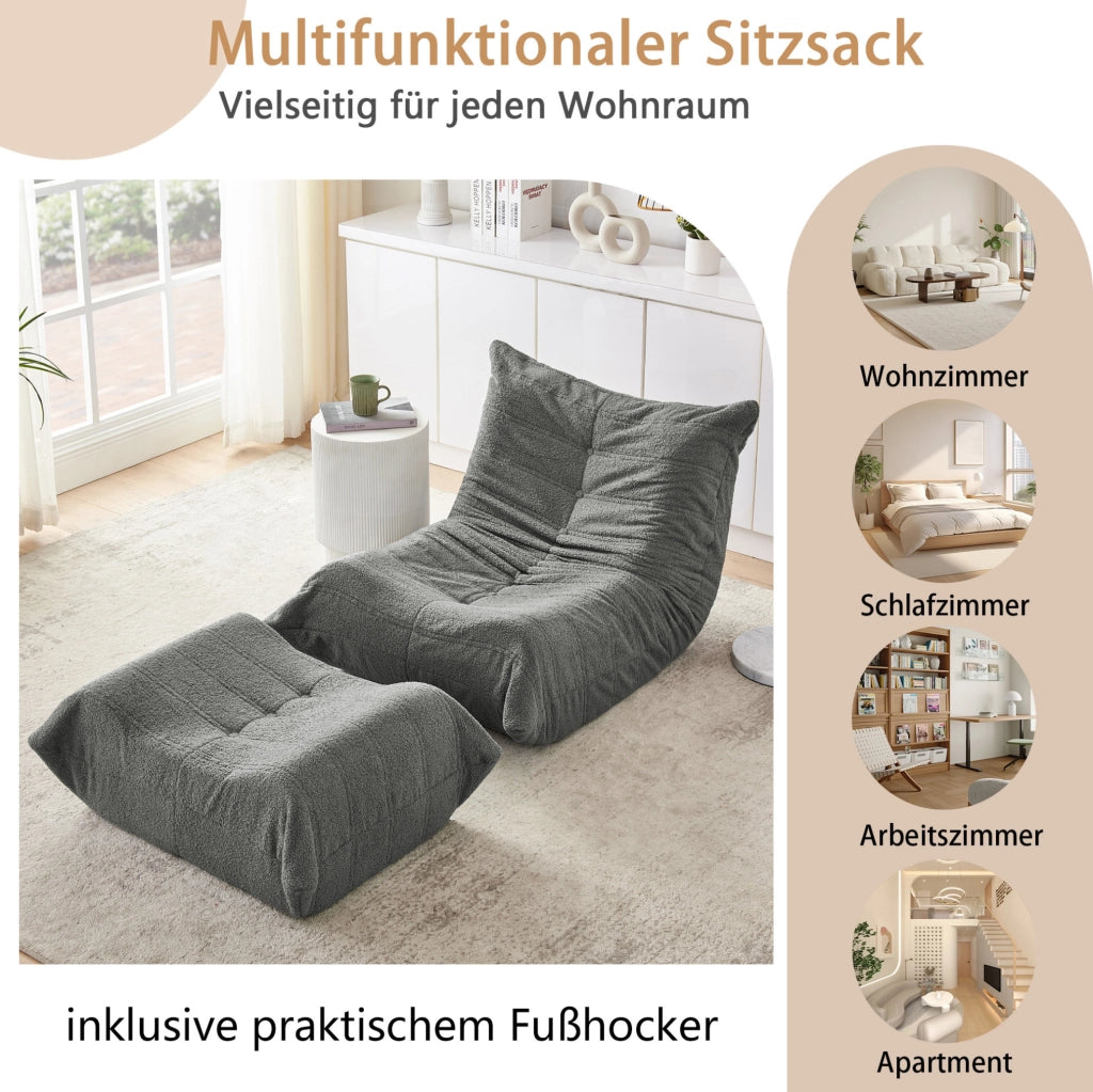 Poltrona relax da pavimento con pouf in teddy grigio